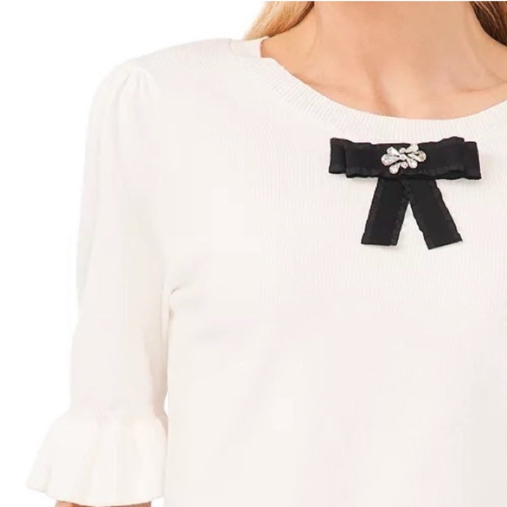 CeCe Crystal Bow Front Ruffle Cuff Sweater Top White Black Coquette Casual M - Picture 4 of 15